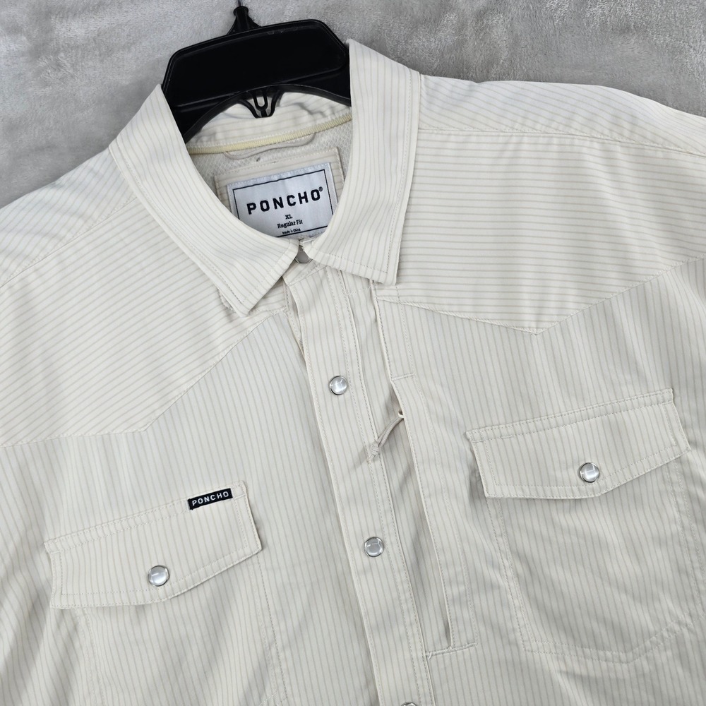 Poncho Western Shirt Mens XL Cream Striped Short Sleeve Pearl Snap Performance